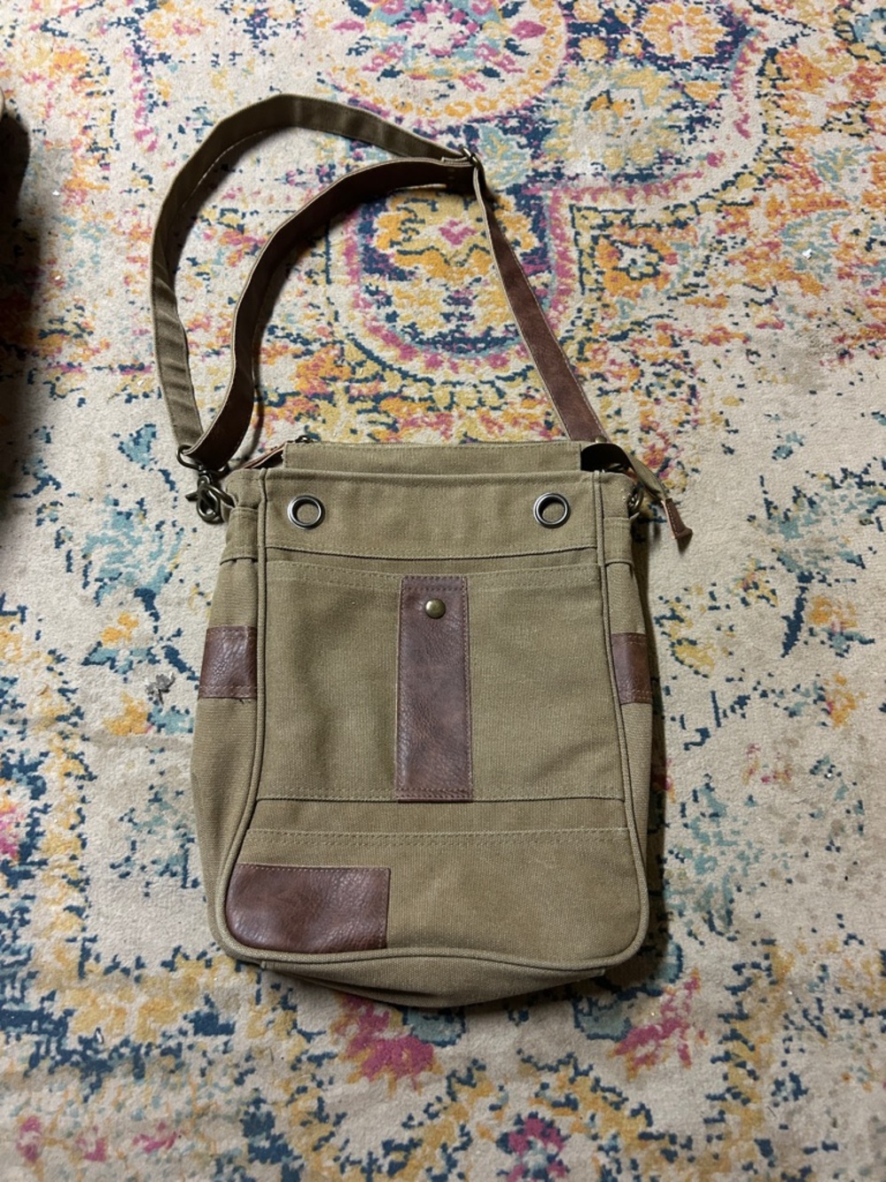Canvas Crossbody Messenger Bag - Olive with Brown Accents